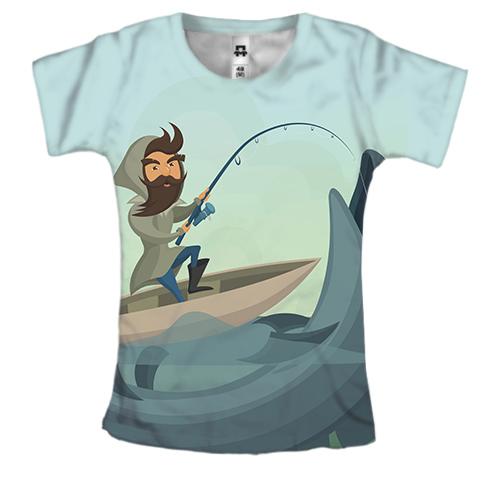 Женская 3D футболка с рыбаком и большой рыбой