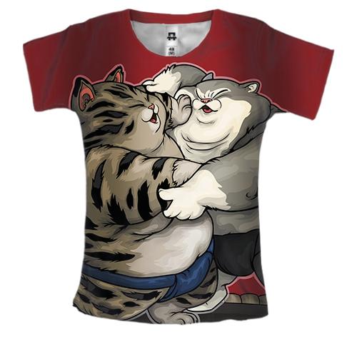 Женская 3D футболка с японскими котами борцами