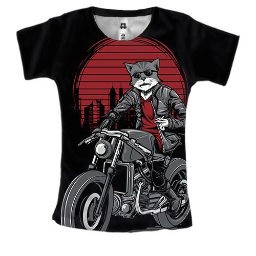 Женская 3D футболка с котом байкером