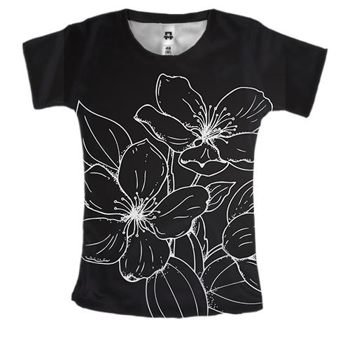 Жіноча 3D футболка з білими контурними квітами
