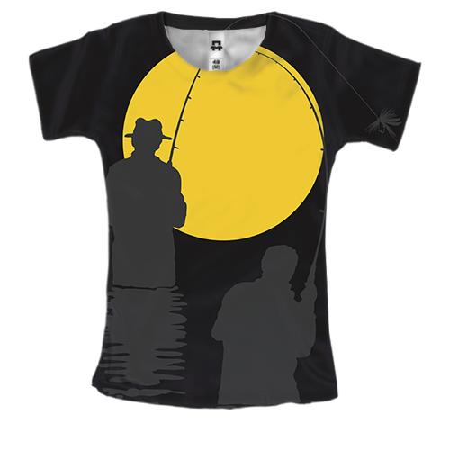Женская 3D футболка с ночной рыбалкой и луной