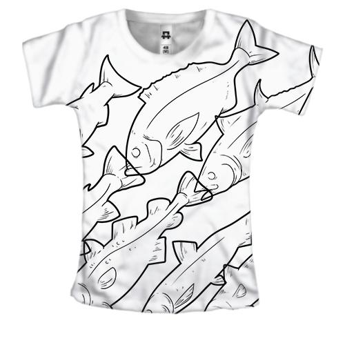Женская 3D футболка с контурными рыбами (2)