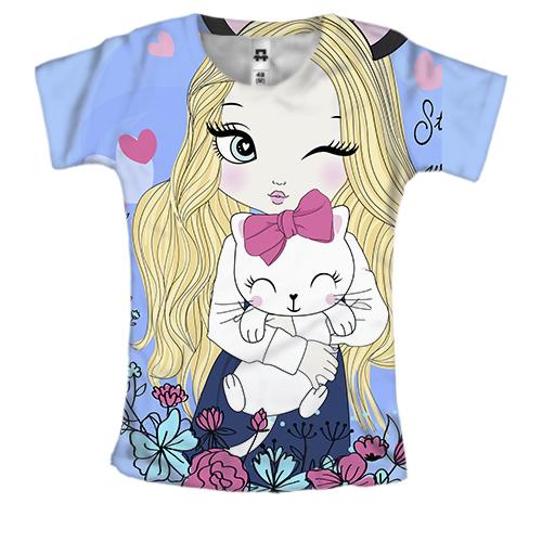 Женская 3D футболка с девушкой с котом