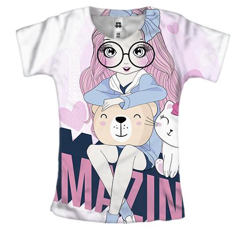 Женская 3D футболка с девушкой с котом Amazing