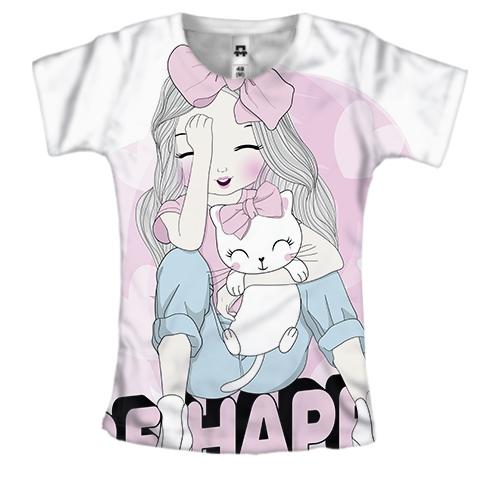 Женская 3D футболка с девушкой с котом Be happy