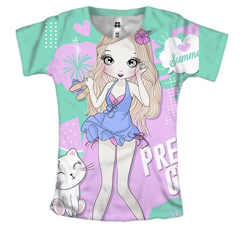 Жіноча 3D футболка з дівчиною з котом Pretty girl