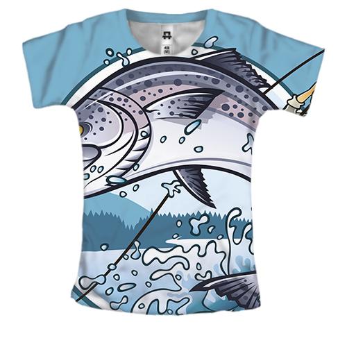Женская 3D футболка с рыбаком и рыбой (2)