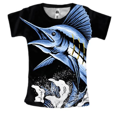 Женская 3D футболка с синей рыбой мечом