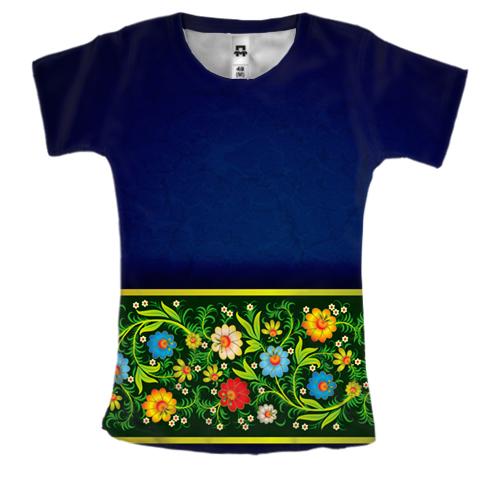 Женская 3D футболка с петриковской росписью (темно-синяя)