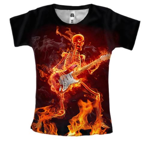 Женская 3D футболка Огненный скелет с гитарой
