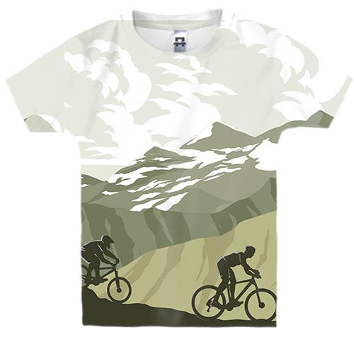 Детская 3D футболка с велосипедистами в горах