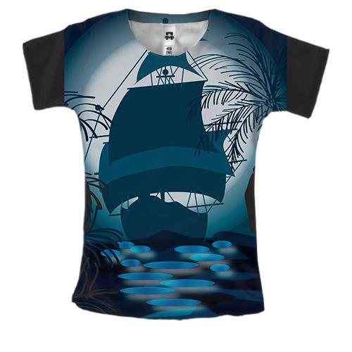 Жіноча 3D футболка з кораблем на тлі місяця