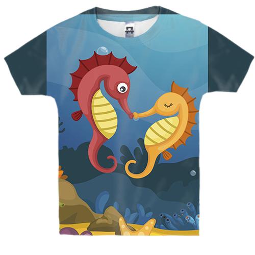 Детская 3D футболка с парочкой морских коньков