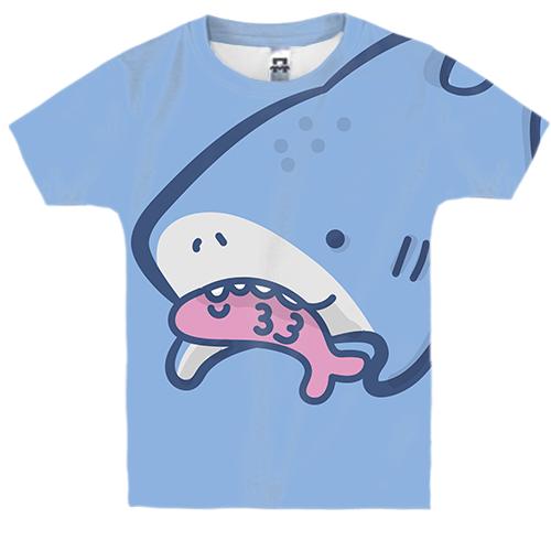 Детская 3D футболка с маленькой акулой и рыбой