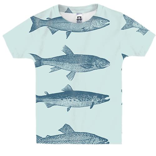 Детская 3D футболка с синими речными рыбами