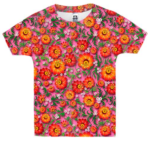 Детская 3D футболка с петриковской росписью (розовая)