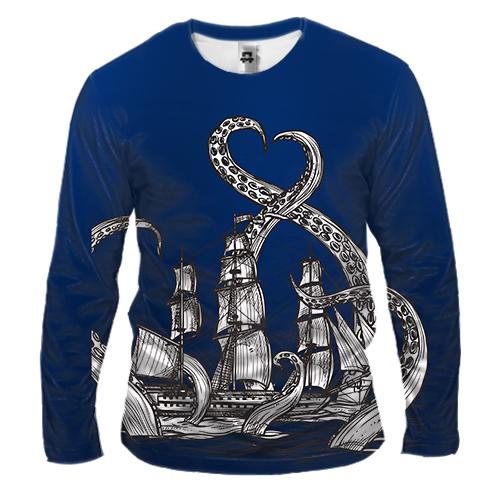 Мужской 3D лонгслив с кракеном и кораблем