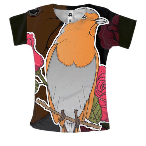 Женская 3D футболка с птицей и розой