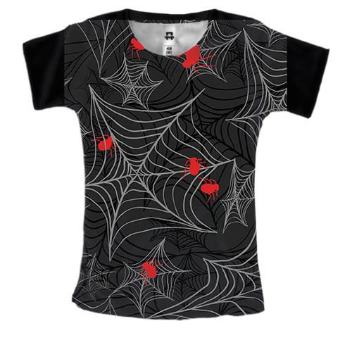 Женская 3D футболка с паутиной и красными пауками