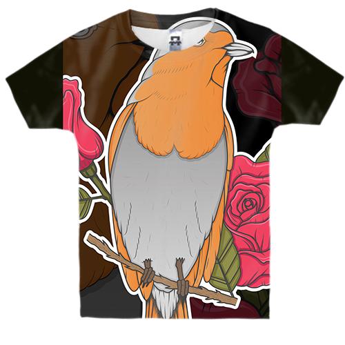 Детская 3D футболка с птицей и розой