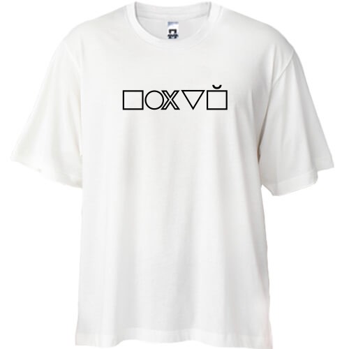 Футболка oversize зі стилізованим написом «ПОХ*Й» у вигляді геометричних символів геймпада