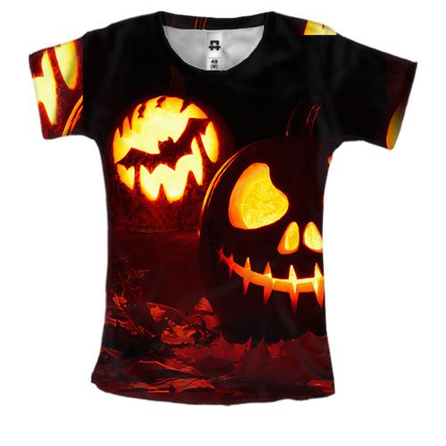 Женская 3D футболка Halloween pumpkin and bat