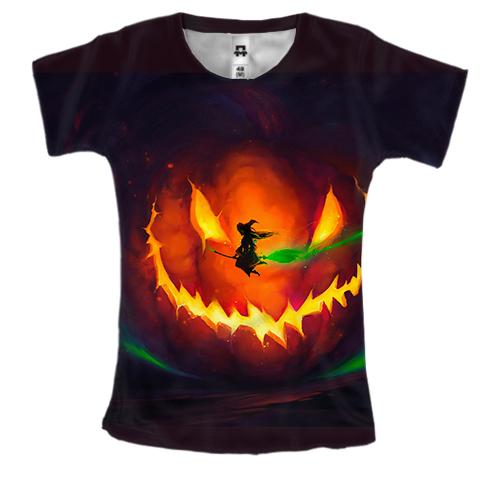 Женская 3D футболка Halloween pumpkin and witch