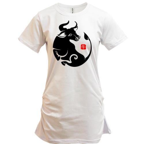 Удлиненная футболка Новогодний бык в китайском стиле