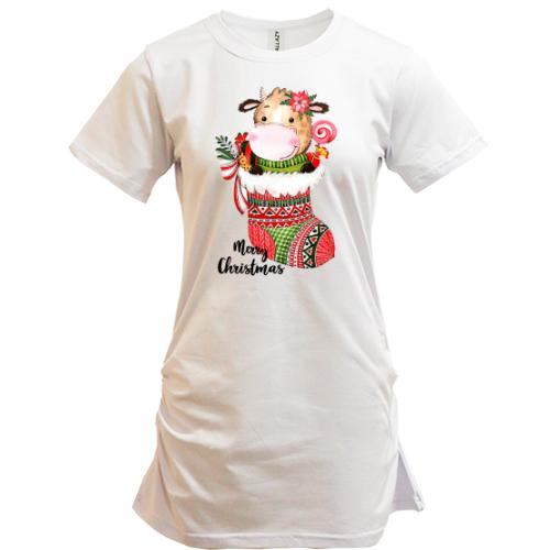 Удлиненная футболка с бычком Merry Christmas
