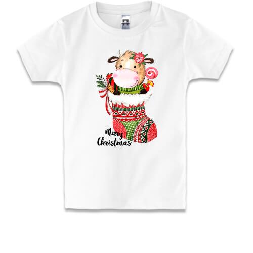 Детская футболка с бычком Merry Christmas