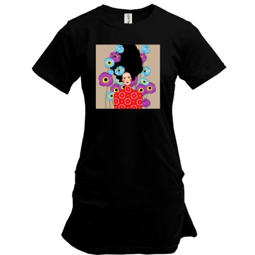 Подовжена футболка Brunette with poppies 1