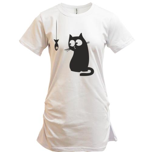 Подовжена футболка Кішка з рибкою