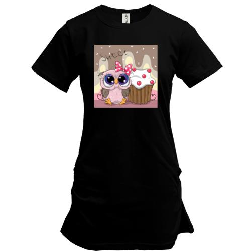 Удлиненная футболка Baby owl with cupcake