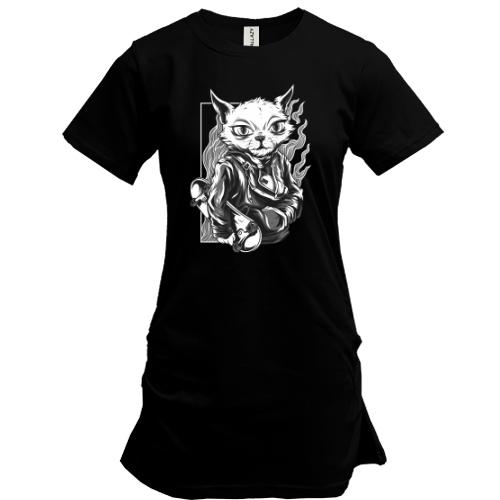 Подовжена футболка Cat with skate black and white