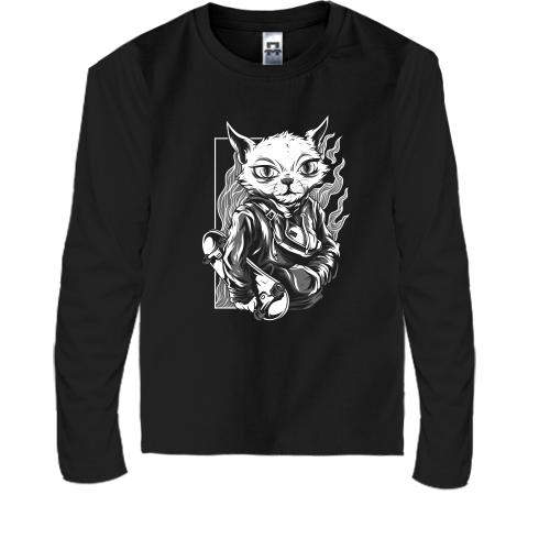 Детский лонгслив Cat with skate black and white