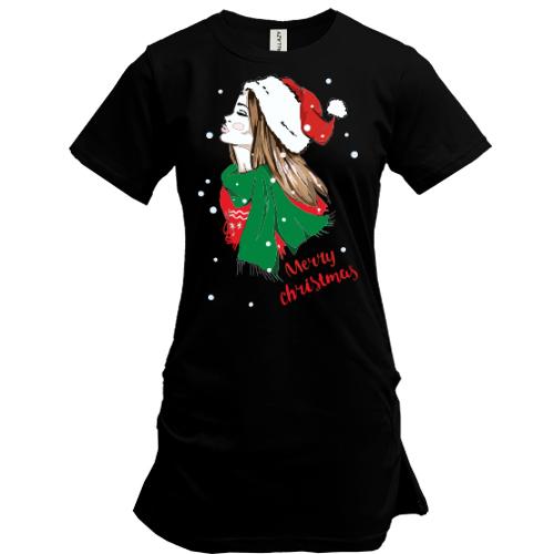 Удлиненная футболка с девушкой Merry Christmas