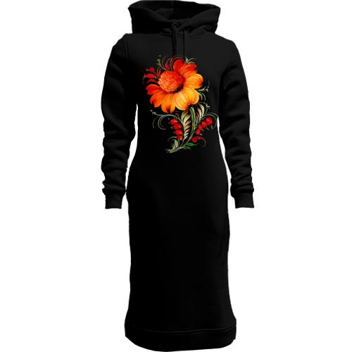 Женская толстовка-платье с цветком в стиле петриковской росписи