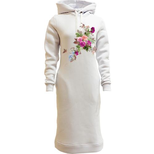Женская толстовка-платье с цветами и бабочкой
