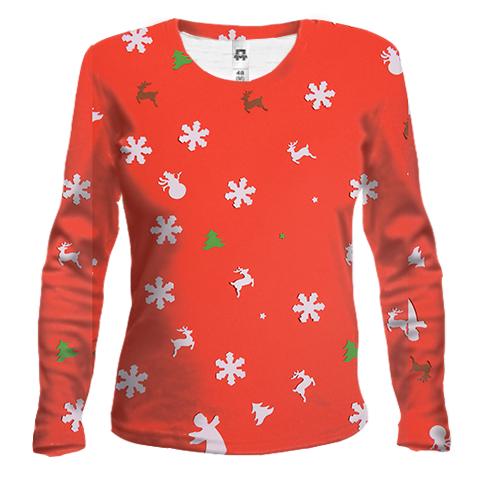 Жіночий 3D лонгслів Snowflakes on red