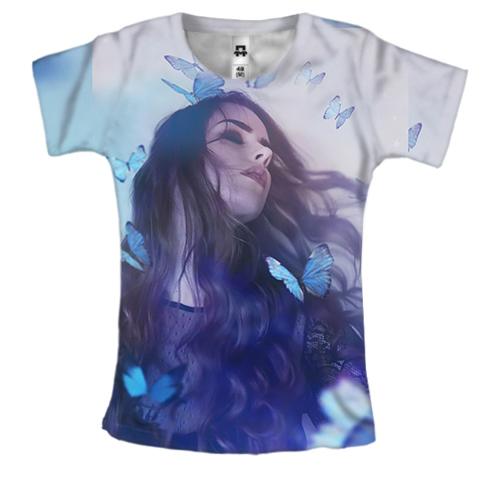 Женская 3D футболка Девушка с голубыми бабочками