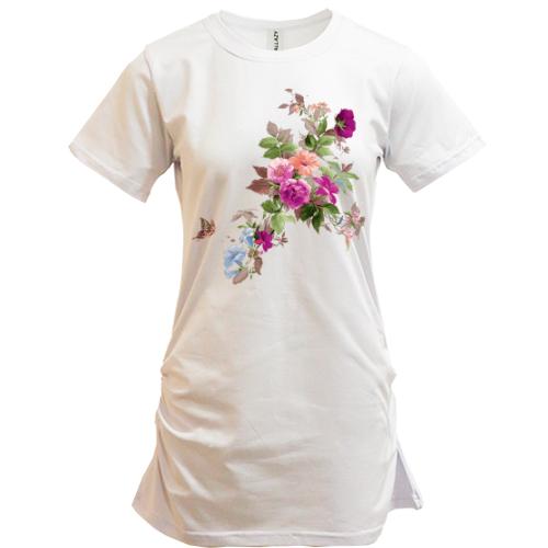 Подовжена футболка з квітами і метеликом