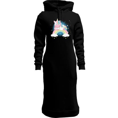 Женская толстовка-платье Baby unicorn on a rainbow