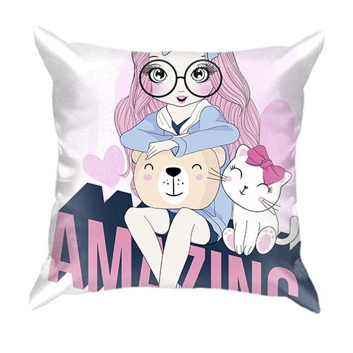 3D подушка с девушкой с котом Amazing