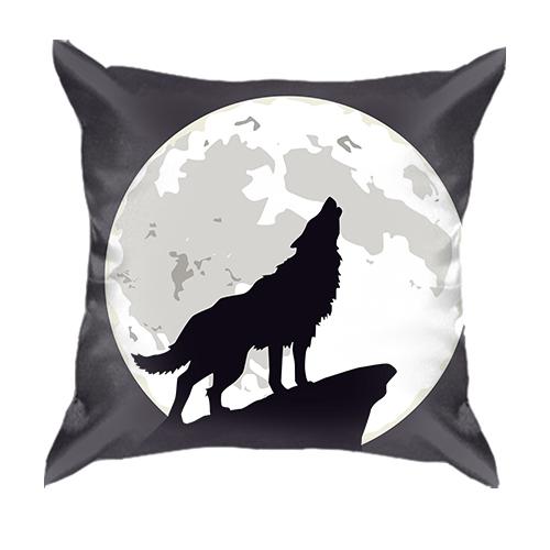 3D подушка с черным волком воющим на луну