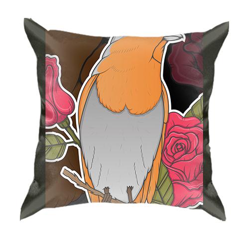 3D подушка с птицей и розой