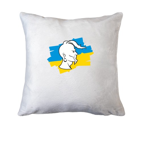 Подушка с контурным профилем казака на фоне сине-желтых мазков украинского флага