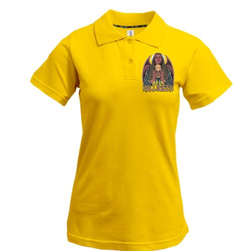 Жіноча футболка-поло з відьмою і черепом на Хеллоуїн