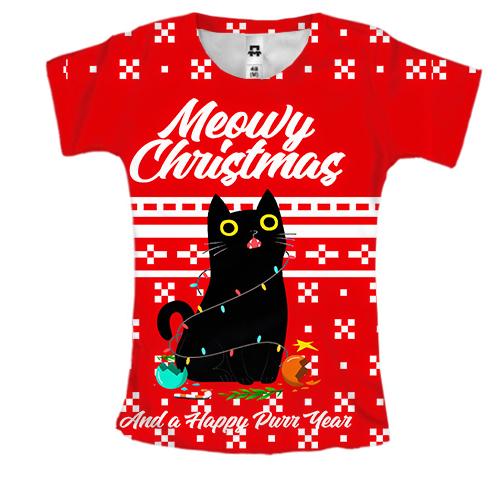 Жіноча 3D футболка Кіт у гірлянді - Meowy Christmas