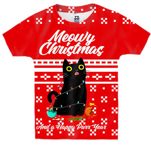 Детская 3D футболка Кот в гирлянде - Meowy Christmas