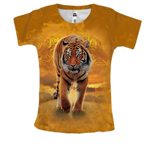 Женская 3D футболка Тигр в саванне